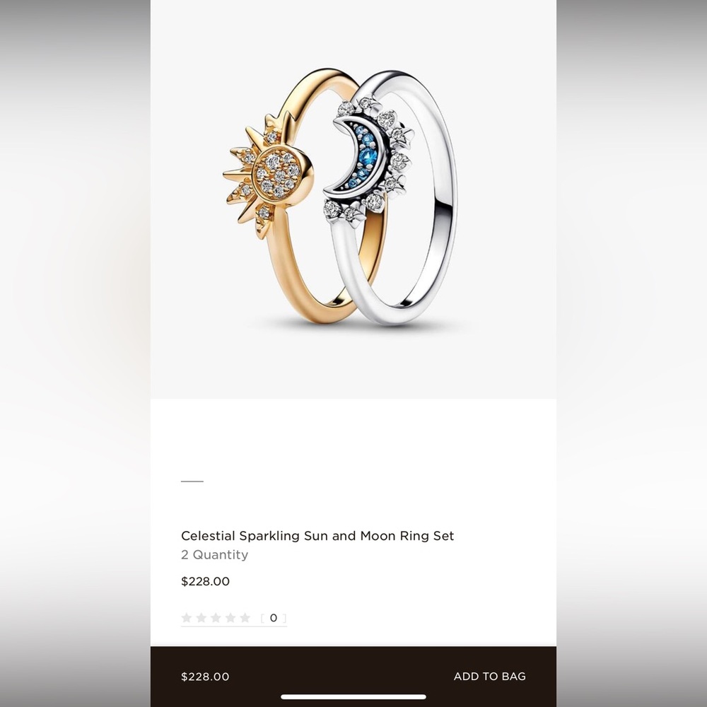 Pandora Gold and Silver Celestial Sun and Moon Ring Set size 6.5